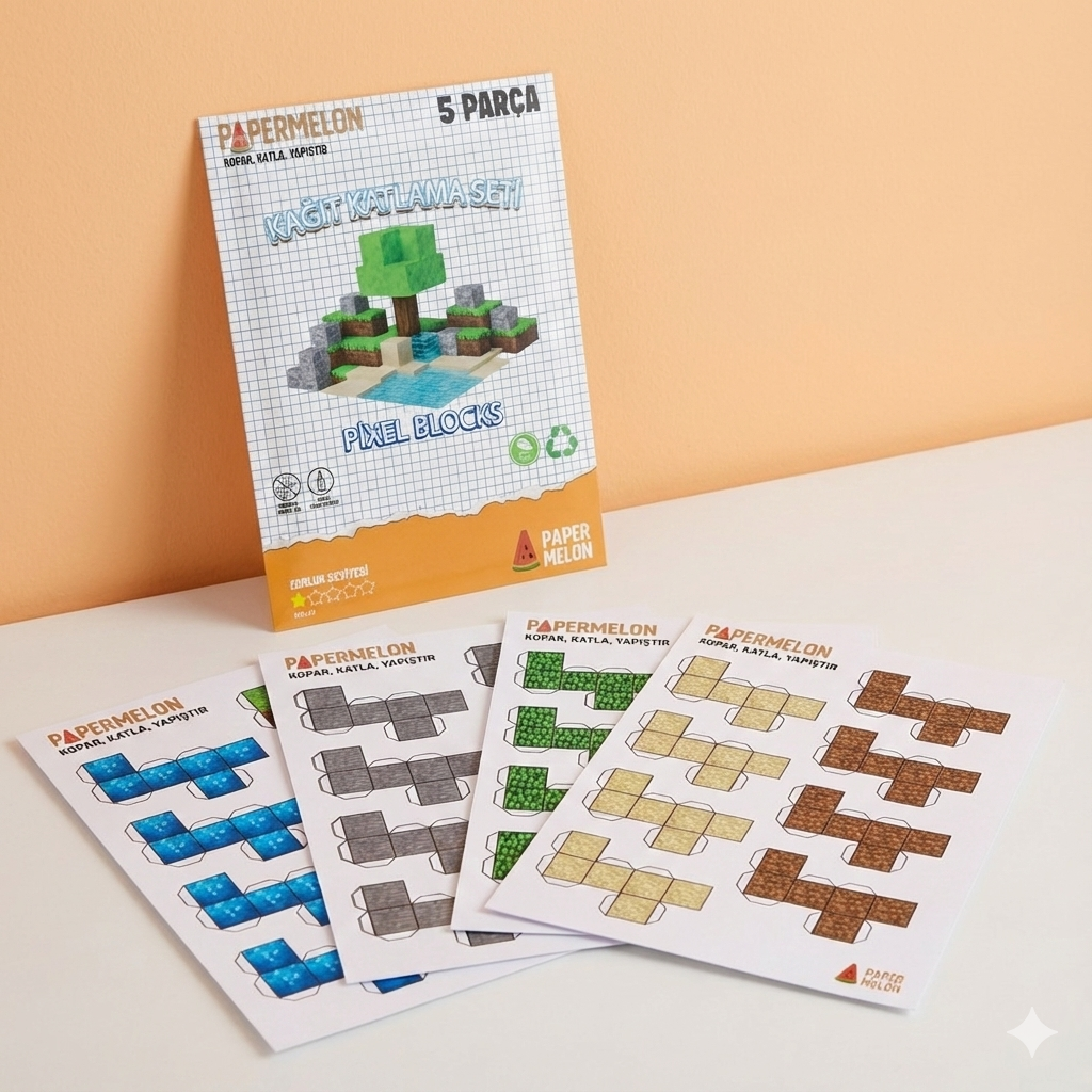 Piksel Blok kağıt Katlama Seti - Küp Temalı Papercraft Set